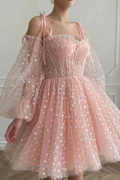 A Line Off the Shoulder Blush Graduation Dress with Long Sleeves