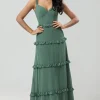 A Line Off the Shoulder Eucalyptus Long Bridesmaid Dress