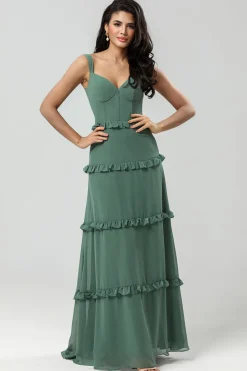 A Line Off the Shoulder Eucalyptus Long Bridesmaid Dress