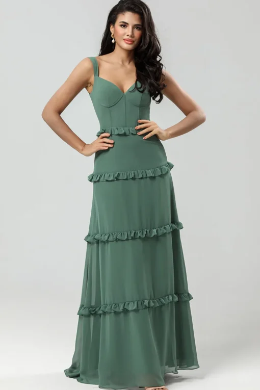 A Line Off the Shoulder Eucalyptus Long Bridesmaid Dress