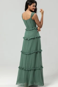 A Line Off the Shoulder Eucalyptus Long Bridesmaid Dress