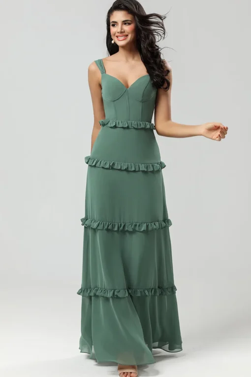 A Line Off the Shoulder Eucalyptus Long Bridesmaid Dress