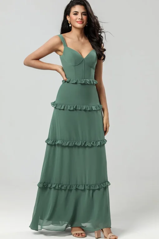 A Line Off the Shoulder Eucalyptus Long Bridesmaid Dress