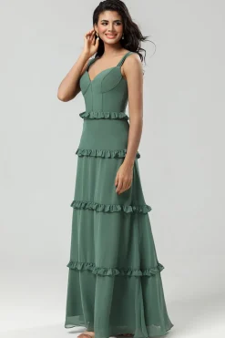 A Line Off the Shoulder Eucalyptus Long Bridesmaid Dress