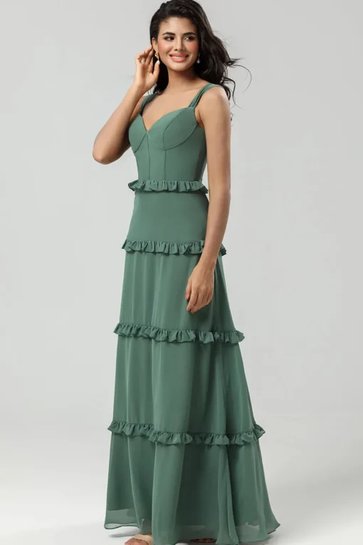 A Line Off the Shoulder Eucalyptus Long Bridesmaid Dress