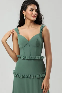 A Line Off the Shoulder Eucalyptus Long Bridesmaid Dress