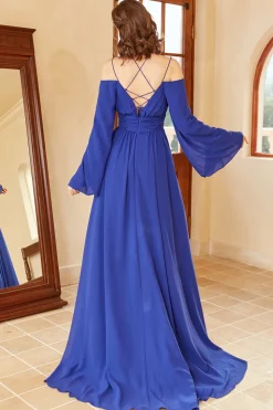 A Line Off the Shoulder Royal Blue Prom Dress with Split Front