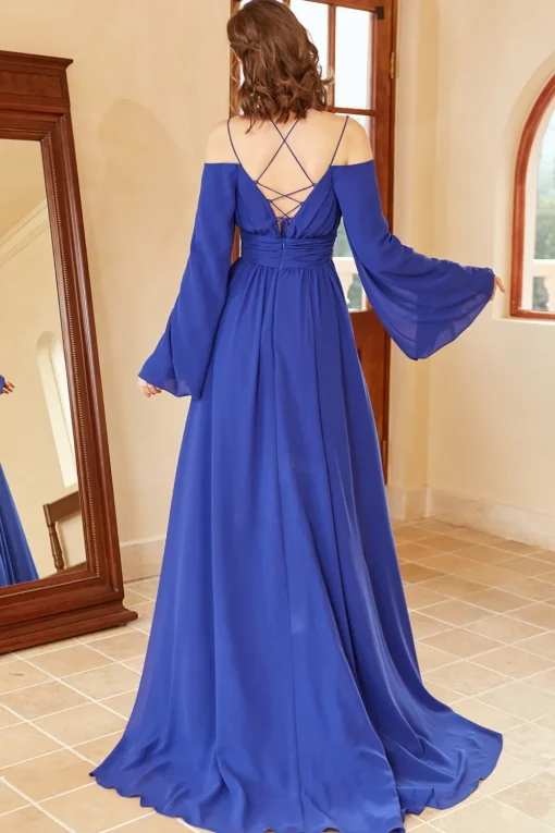 A Line Off the Shoulder Royal Blue Prom Dress with Split Front