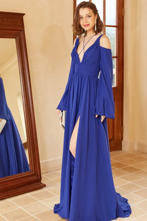 A Line Off the Shoulder Royal Blue Prom Dress with Split Front