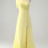 A Line One Shoulder Yellow Long Wedding Guest Dress with Slit