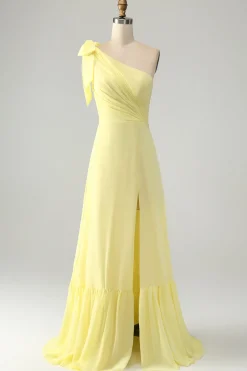 A Line One Shoulder Yellow Long Wedding Guest Dress with Slit