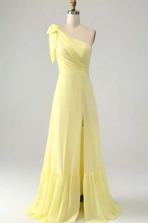 A Line One Shoulder Yellow Long Wedding Guest Dress with Slit