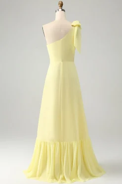 A Line One Shoulder Yellow Long Wedding Guest Dress with Slit