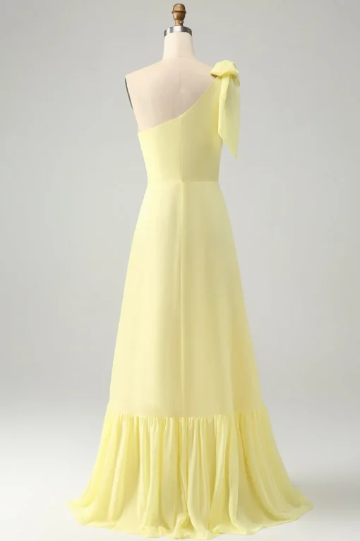 A Line One Shoulder Yellow Long Wedding Guest Dress with Slit