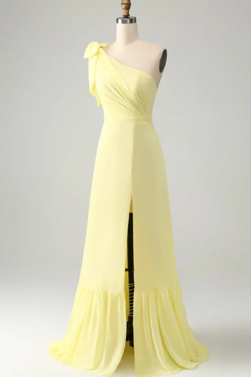 A Line One Shoulder Yellow Long Wedding Guest Dress with Slit