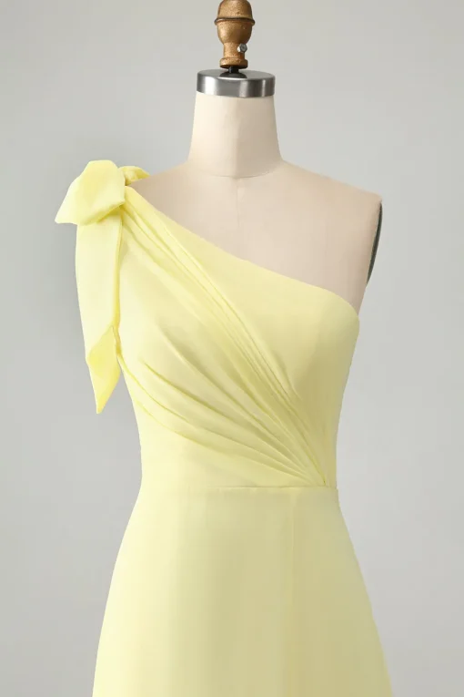 A Line One Shoulder Yellow Long Wedding Guest Dress with Slit