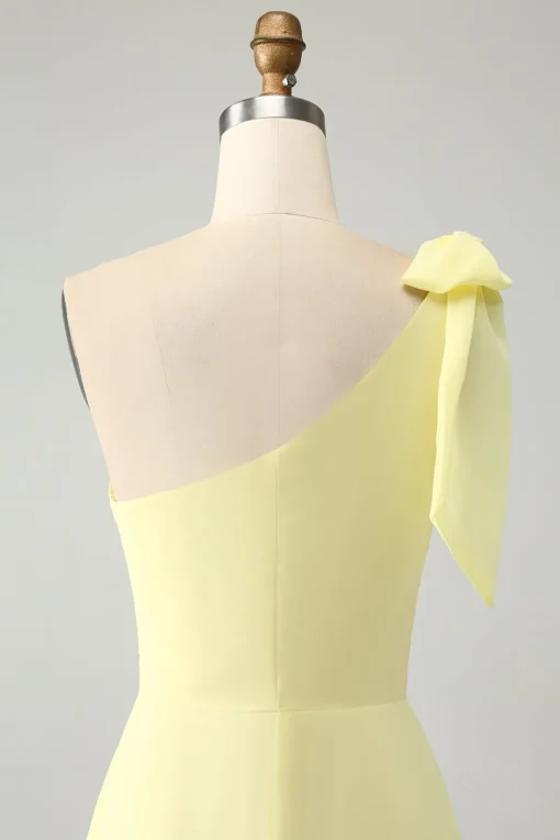 A Line One Shoulder Yellow Long Wedding Guest Dress with Slit
