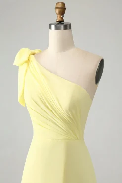 A Line One Shoulder Yellow Long Wedding Guest Dress with Slit