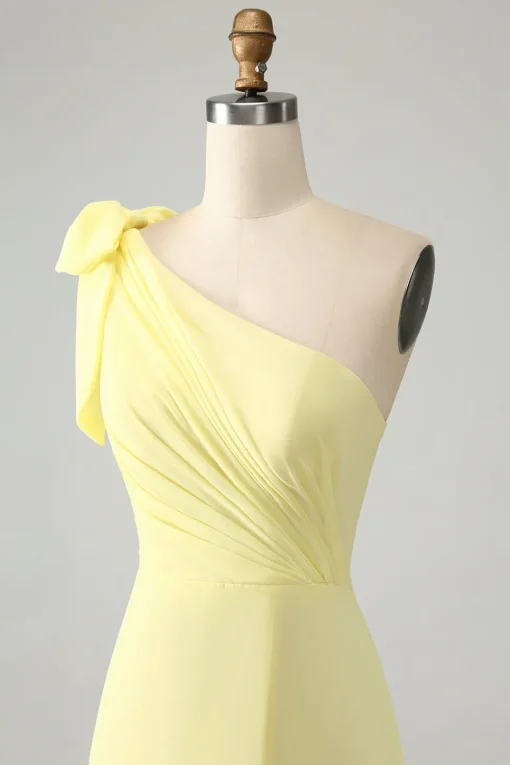 A Line One Shoulder Yellow Long Wedding Guest Dress with Slit