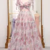 A Line Pink Floral Print Adjustable Straps Long Prom Dress