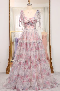A Line Pink Floral Print Adjustable Straps Long Prom Dress