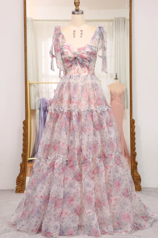 A Line Pink Floral Print Adjustable Straps Long Prom Dress