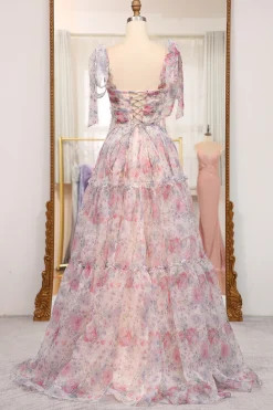 A Line Pink Floral Print Adjustable Straps Long Prom Dress