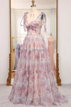 A Line Pink Floral Print Adjustable Straps Long Prom Dress
