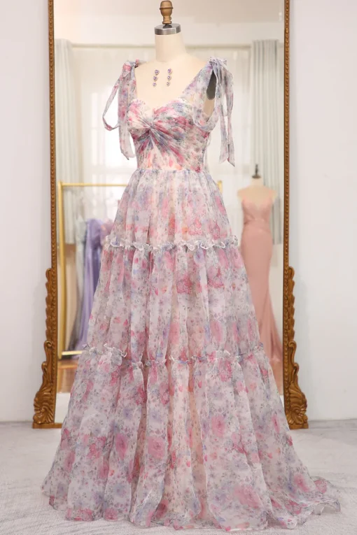 A Line Pink Floral Print Adjustable Straps Long Prom Dress