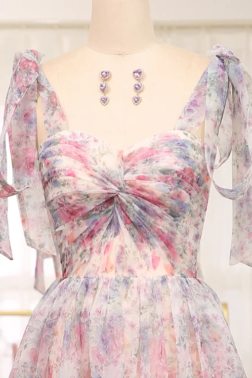 A Line Pink Floral Print Adjustable Straps Long Prom Dress