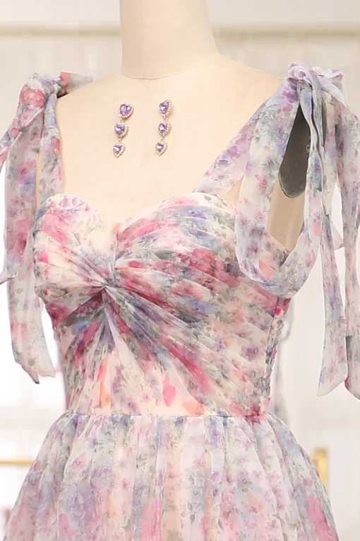 A Line Pink Floral Print Adjustable Straps Long Prom Dress