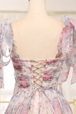 A Line Pink Floral Print Adjustable Straps Long Prom Dress