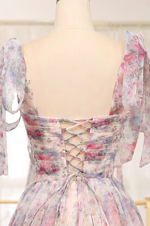 A Line Pink Floral Print Adjustable Straps Long Prom Dress