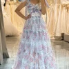 A Line Pink Print Adjustable Straps Long Prom Dress