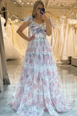 A Line Pink Print Adjustable Straps Long Prom Dress