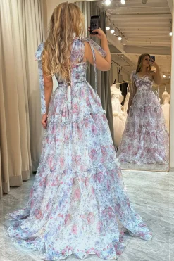 A Line Pink Print Adjustable Straps Long Prom Dress