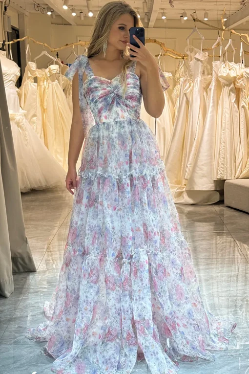 A Line Pink Print Adjustable Straps Long Prom Dress