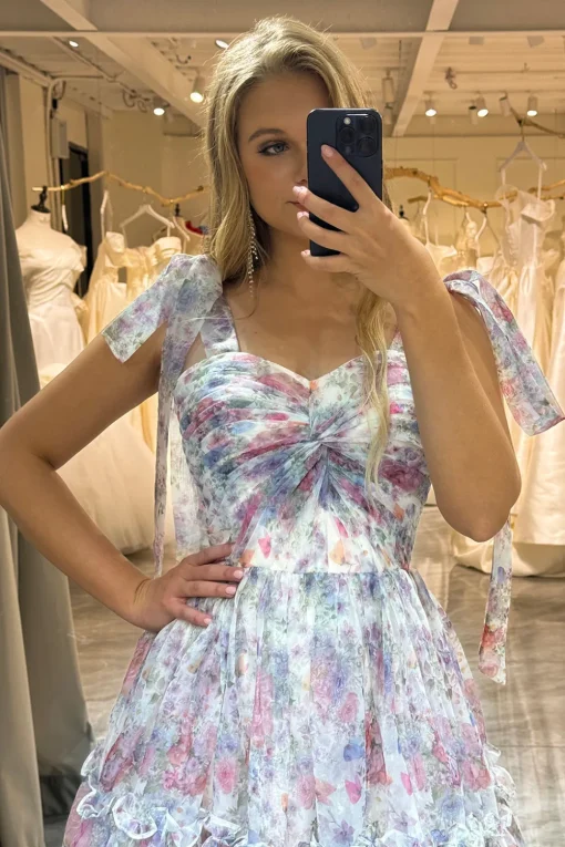 A Line Pink Print Adjustable Straps Long Prom Dress