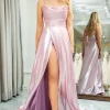 A Line Pink Spaghetti Straps Long Prom Dress with Slit