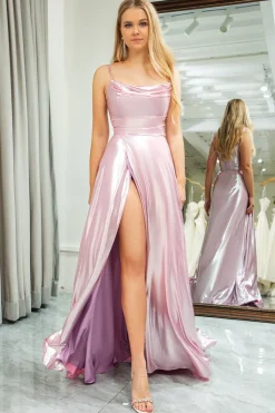 A Line Pink Spaghetti Straps Long Prom Dress with Slit