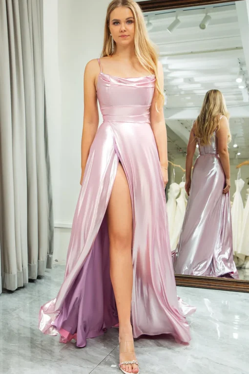 A Line Pink Spaghetti Straps Long Prom Dress with Slit