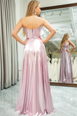 A Line Pink Spaghetti Straps Long Prom Dress with Slit