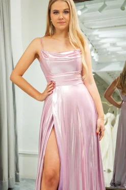 A Line Pink Spaghetti Straps Long Prom Dress with Slit