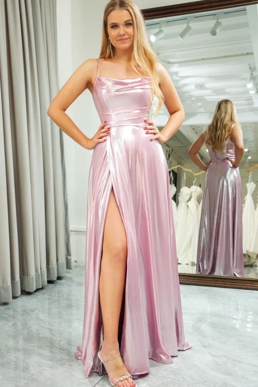 A Line Pink Spaghetti Straps Long Prom Dress with Slit