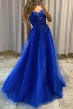 A Line Princess Royal Blue Beading Prom Dress with Appliques