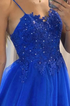 A Line Princess Royal Blue Beading Prom Dress with Appliques