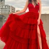 A Line Red Spaghetti Straps Princess Prom Dress with Slit