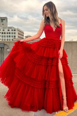 A Line Red Spaghetti Straps Princess Prom Dress with Slit