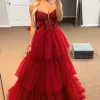 A Line Red Spaghetti Straps Tulle Corset Prom Dress