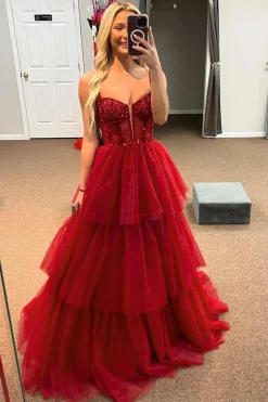 A Line Red Spaghetti Straps Tulle Corset Prom Dress
